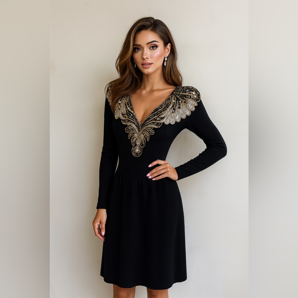 Vintage Pat Sandler Black Knit Dress with Embellished Bodice Sz. 8 (Small)